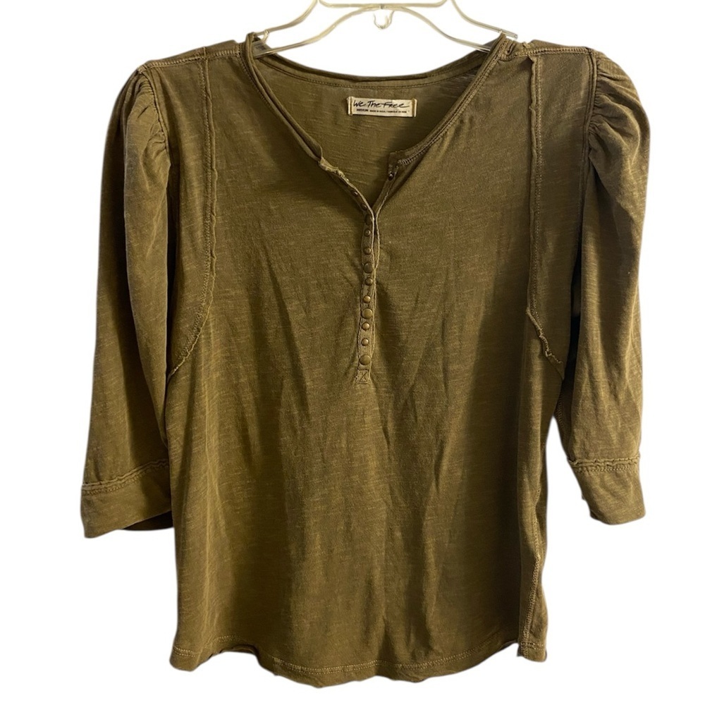 We The Free Olive Green Puff Sleeve Henley Top
